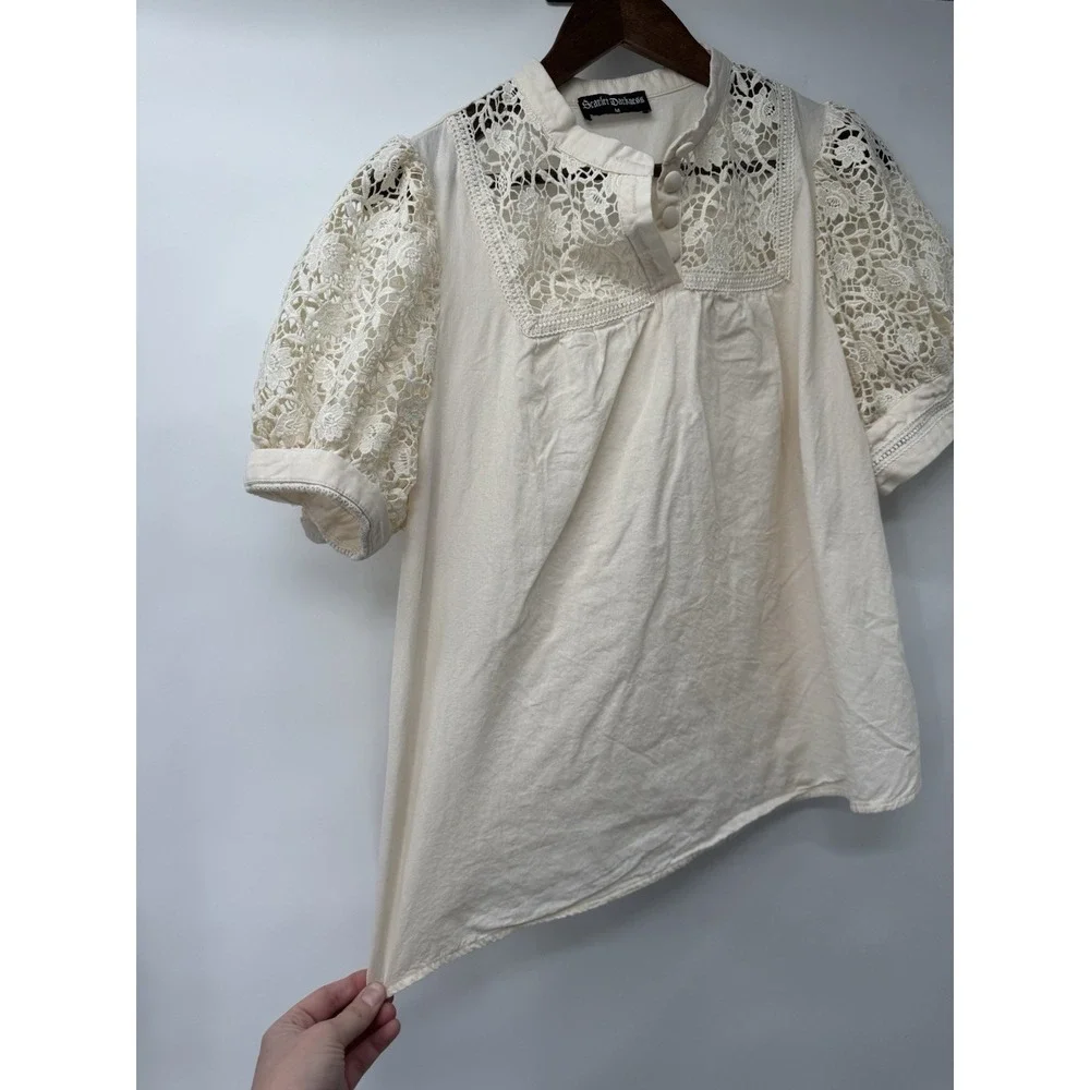 Scarlett‎ Darkness M open knit crochet Blouse Smocked Peasant Poet cottage fairy